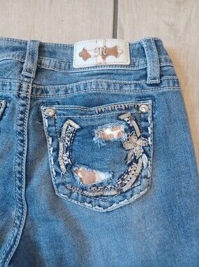 🐴🤎🩷🌹EUC MISS ME COWHIDE HORSESHOE WOMENS HAILEY SKINNY COWGIRL JEANS 30x29